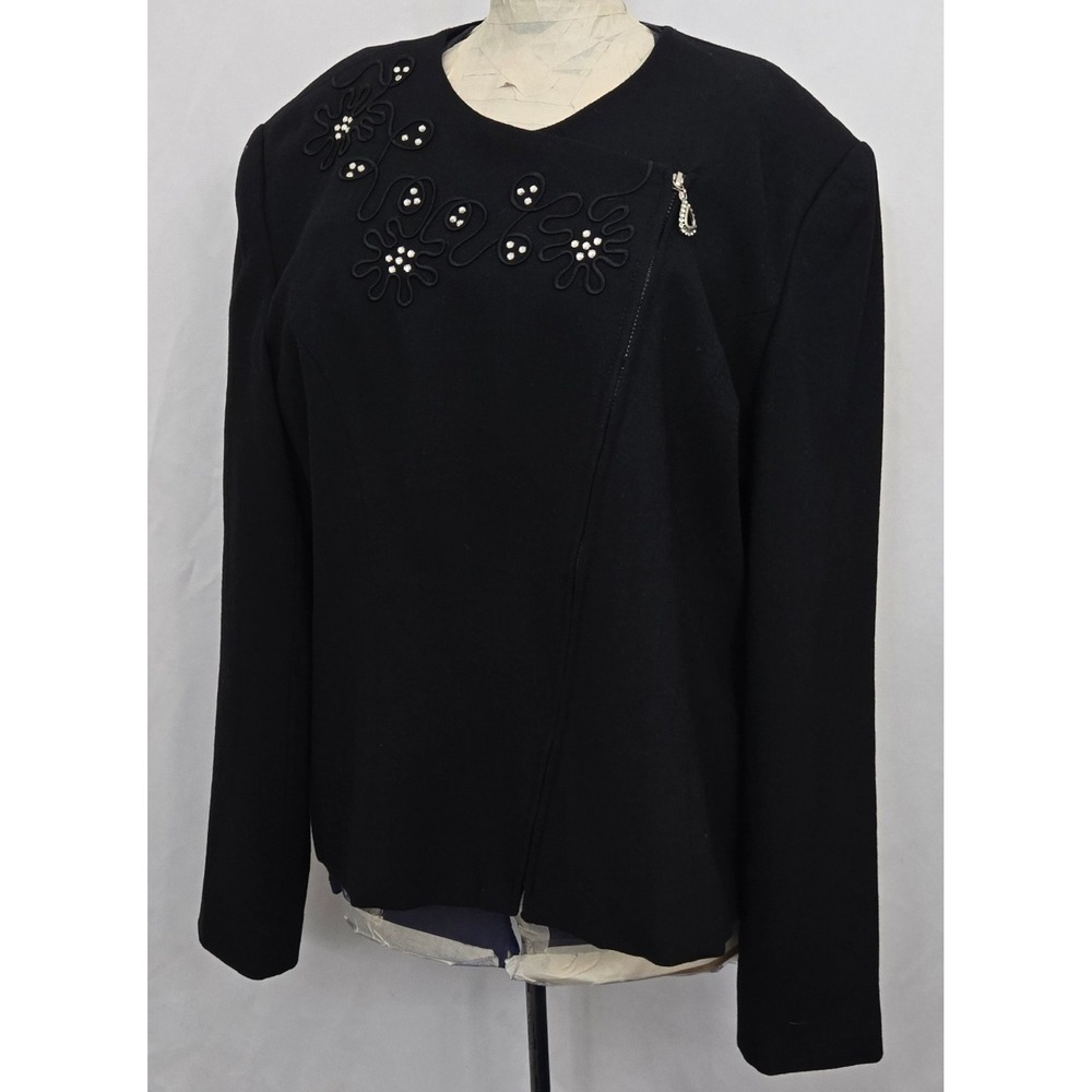 VINTAGE Oleg Cassini 14 Black Wool Embellished Asymmetrical Zip Blazer 80s 90s